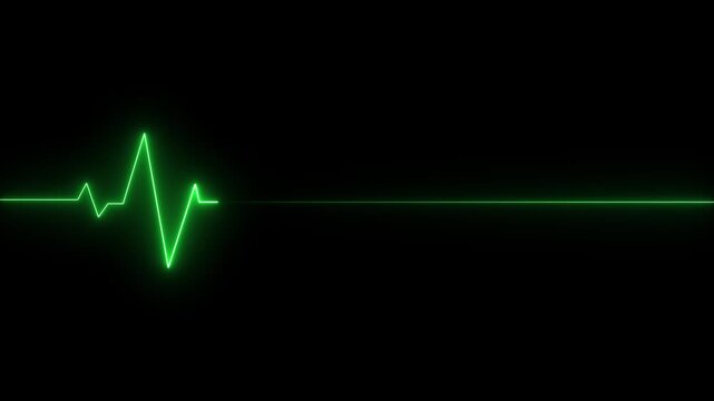 Neon green electrocardiogram line on black background showing a heartbeat heart rate
