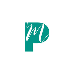 A teal letter P with a white cursive M overlaid, forming a monogram logo on a clean white background.