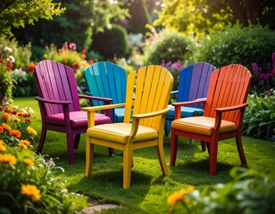 Fototapeta premium Five colorful wooden Adirondack chairs sit on a green lawn surrounded by flowers