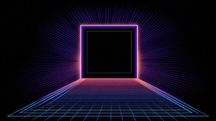 Glowing geometric portal beckons through a digital grid path.