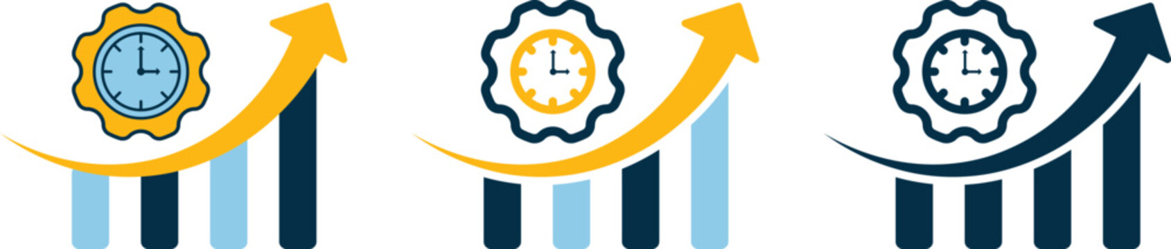 Three gear-clock icons above rising bar charts with upward arrows, symbolizing time-based productivity, performance growth, and operational efficiency. Ideal for business and tech visuals.
