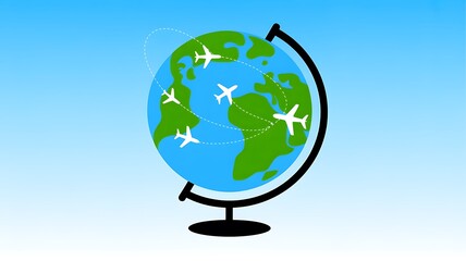 Minimalist Illustration of Globe with Airplanes Traveling Around the World