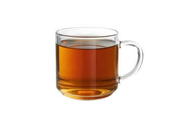 Glass mug filled with hot amber tea, isolated on transparent background