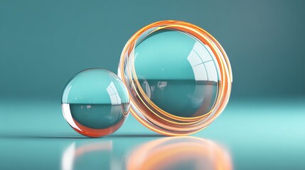6) Futuristic glass orbs and neon light rings forming a celebratory loop, glossy reflections, dark teal background, premium 3D render aesthetic, clean negative space, no text