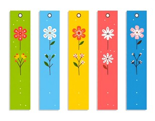 Five colorful, vertical floral bookmarks with different flower designs against white