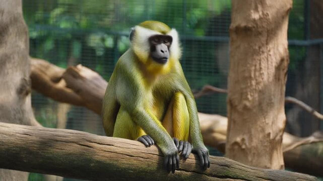 Portrait of a green monkey, Chlorocebus sabaeus, sitting on a log, mp4 video. AI
