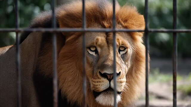 Portrait of male lion behind cage in a zoo, mp4 video. AI