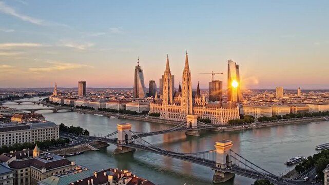 Warm sunset lights a grand city skyline, river, historic parliament, bridges, skyscrapers