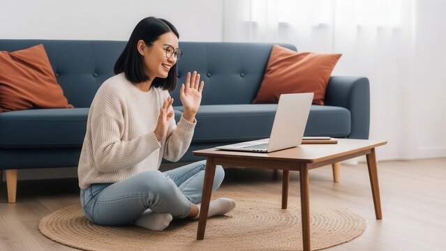 Young woman working remotely on a laptop at home, waving during a video call