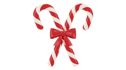 Two crossed red and white striped candy canes tied with a red bow, classic christmas holiday sweet treat decoration isolated on transparent background