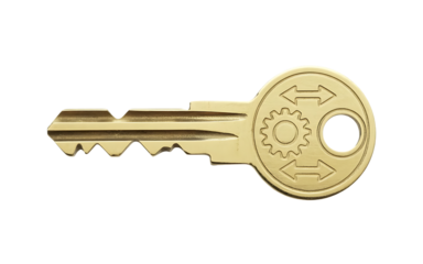 Golden key with gear and arrows symbol on head, isolated on transparent background