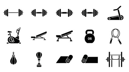 Fototapeta premium Gym equipment silhouettes dumbbells treadmill bench and exercise machines