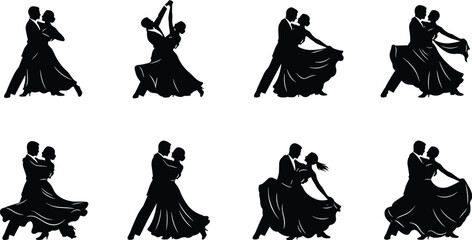 Elegant ballroom dancers in silhouette performing romantic waltz poses, fluid movement, graceful choreography, classic dance couple artwork for creative design projects
