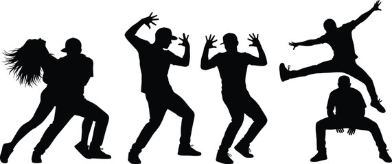 Hip hop dance silhouettes, urban street dancers jumping poses, modern dance movement, black silhouette people, energetic group performance, white background