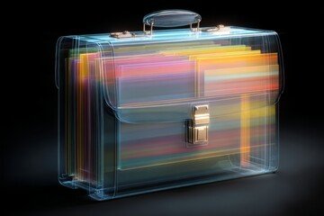Transparent business briefcase with colorful layered digital documents, symbolizing information management, digital files, and modern workflow transformation.