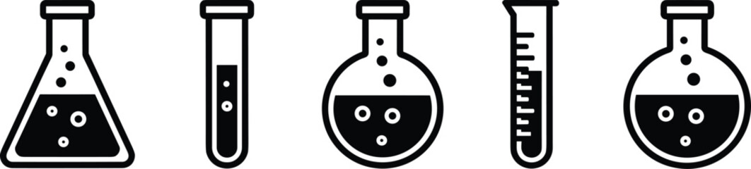 Laboratory icons, chemical glassware set, science beakers, test tubes, experiment symbols, flask illustrations, research equipment graphics, scientific container silhouettes