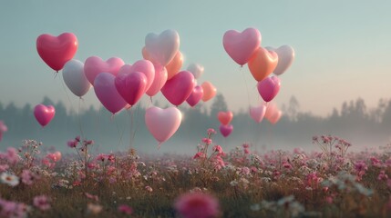 Heart-shaped balloons float over a vibrant field of flowers, creating a whimsical and romantic atmosphere in soft morning light.