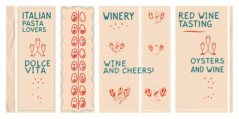 Naklejka premium Vintage style banners advertising italian food wine and oyster tastings