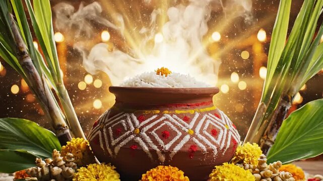 Traditional clay pot rice steaming during makar sankranti pongal festival with sugarcane and golden light