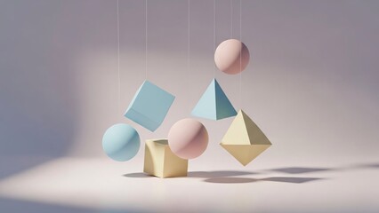 Pastel Geometric Shapes Floating in a Minimalist Studio Setting.