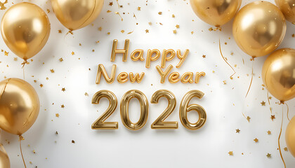 Elegant White and Gold Happy New Year 2026 Poster with Floating Metallic Balloons and Clean Luxury Celebration Background