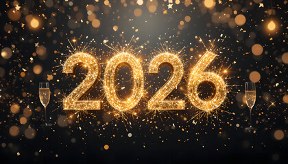 Sparkling Gold 2026 Typography on Elegant Black Background &ndash; Luxury New Year Celebration Poster with Glitter and Festive Glow