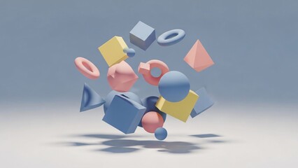 Abstract 3D geometric shapes floating in a light blue space.