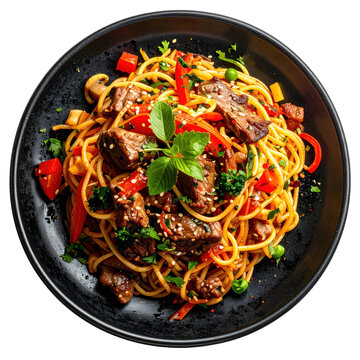 Tallarin saltado a peruvian stir-fry dish with noodles beef tomatoes and onions presented isolated on white background