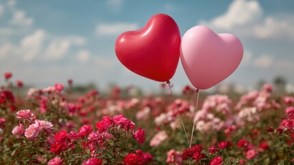 Two heart-shaped balloons, one red and one pink, sway gently amidst a vibrant field of blooming roses under a bright blue sky.