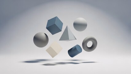 Abstract 3D geometric shapes floating in a minimalist white space.