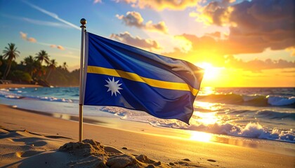 National flag of Nauru planted on a sandy beach during a beautiful tropical sunset with ocean waves and palm trees