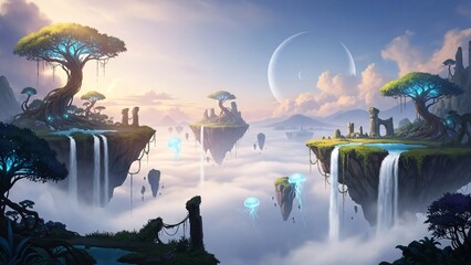 Fantasy Landscape with Floating Islands and Waterfalls.