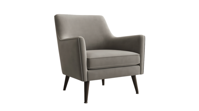 Modern gray upholstered armchair with tapered wooden legs for living room or office interior design isolated on transparent background - Powered by Adobe