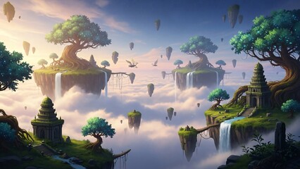Fantasy Landscape of Floating Islands with Lush Greenery and Waterfalls in the Sky.