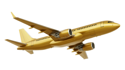 Golden passenger airplane taking off in flight isolated on transparent background