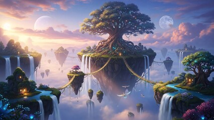 Fantasy Landscape with Floating Islands and Majestic Tree at Sunset.