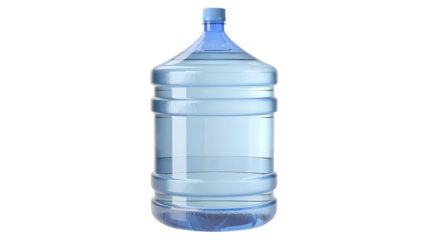 Large clear plastic water cooler bottle filled with purified drinking water, isolated on transparent background