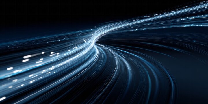Swirling blue light streams create a futuristic digital tunnel effect.