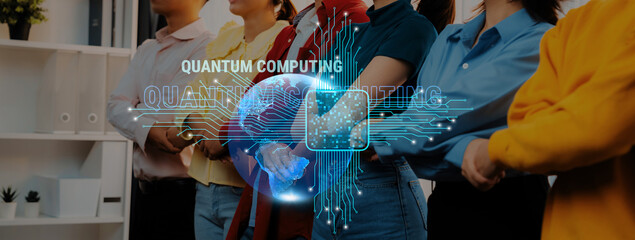 A diverse group of professionals engaged in a discussion on quantum computing, showcasing a digital interface that represents cutting-edge technology and networking opportunities. Trope