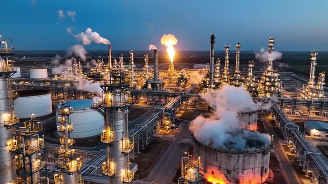 Industrial refinery at dusk a blazing flare stack, steaming pipes, bright towers, vast plant. Dawn