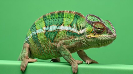 Vivid Chameleon on Green: Detailed Portrait of Reptilian Beauty