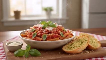 Pasta Dish with Garlic Bread, Italian Cuisine, Delicious Meal
