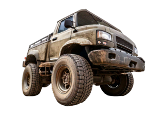 Dirty vehicle with large wheels isolated on transparent or white background