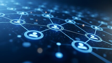 Abstract digital network connection with glowing human silhouettes and blurred background