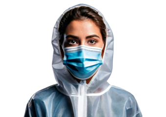 A person wearing a protective suit and face mask on isolated on transparent or white background