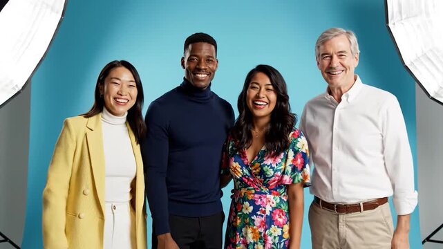 Four smiling, diverse people, multi-generational, wave at the camera in a studio