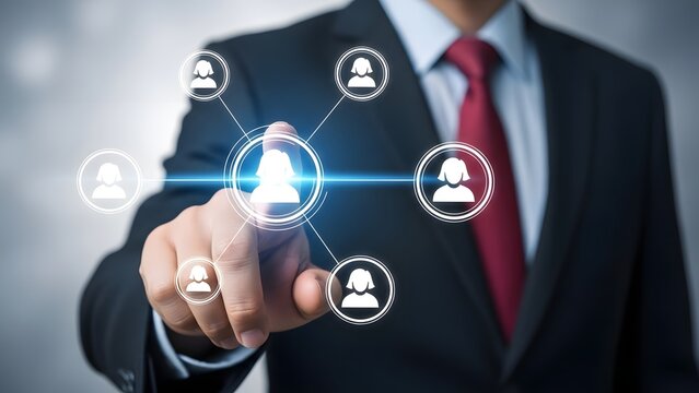 Businessman interacting with a digital network of connected people and data points - Powered by Adobe