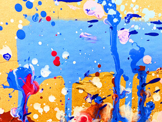 Abstract artwork with dripping blue paint on a yellow background_251207_06