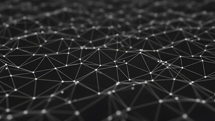 Abstract network of interconnected nodes and lines in a dark digital background