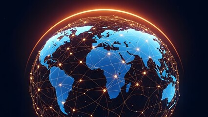 Glowing earth within a digital network of interconnected nodes and data streams